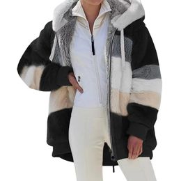 Womens Jackets Women Winter Coat Warm Patchwork Zipper Pocket Stitching Hooded Faux Fur Long Sleeves Cardigan Furry Lady Fleece Jacket 231113