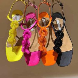 Summer New Europe And The United States Crystal Beads Flat Sandals Female Clip Toes A Word Buckle With Women's Shoes