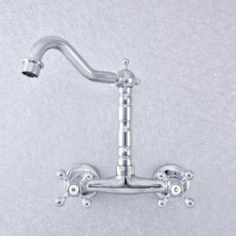 Kitchen Faucets Silver Colour Polished Chrome Brass Wall Mounted Bathroom Sink Faucet Swivel Spout Mixer Tap Dual Cross Handles Msf778