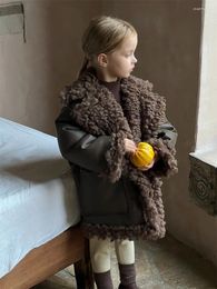 Jacken 2023 Mädchen Pelzmantel Mid-länge Modische Kinder Winter Kleidung Einfarbig Warme Lamm Wolle Leder Jacke
