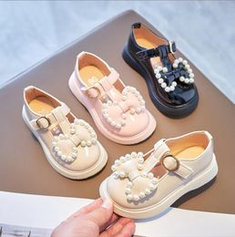 Spring Autumn Girls Leather Shoes with Bow-knot Pearls Beading Princess Sweet Cute Soft Comfortable Children Flats Kids Shoes