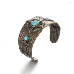 Bangle Vintage Engraved Natural Stone Turquoise Open Bracelet For Men And Women Anniversary Party Jewelry Gift