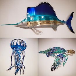 Decorative Objects Figurines Home Decor Indie Station Metal Art Indoor Jellyfish Sailfish Turtle Mermaid Wall Accessories Crafts 230414