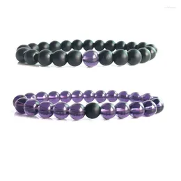 Strand Natural Amethysts Bracelet For Women Men Purple And Black 8mm Stone Beaded Braslet Couple Brazalete Jewellery Gifts Lover