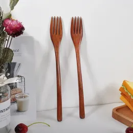 Dinnerware Sets Creative Japanese Wooden Fork Simple Nanmu Long Handle Tableware Old Lacquer Curved Log Color