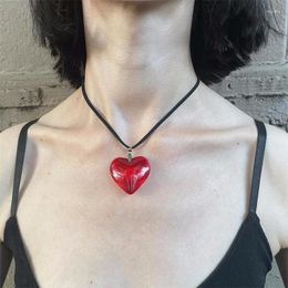 Choker Large Red Glass Heart Necklace Puffy Pendant With Black Leather Cord Charm Valentine's Day Mother's