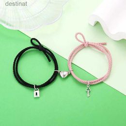 Beaded 1 Pair Magnet Couple Bracelets for Lovers Lock Heart Magnetic Bracelet for Women Men Adjustable Braided Rope Jewellery GiftL231114