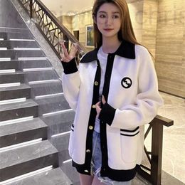 Women's Sweaters designer luxury Fashion High Edition 23 Early Autumn New Black and White Contrast Polo Collar Knitted Long Sleeve Cardigan Coat for Women LVLZ