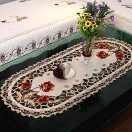 Table Cloth European Oval Tablecloth Embroidered Lace Cover Floral Dinning Mat Living Room Home Vintage Decoration Runner