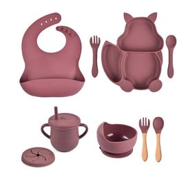 Cups Dishes Utensils 5/7/8PCS Baby Silicone Tableware Kids Non-slip Sucker Bowl Plate Cup Spoon Fork Sets BPA Free Children's Feeding Dishes Utensils AA230413