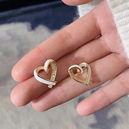 Stud Earrings Huitan White Enamel Heart Gold Colour Cubic Zirconia For Women Aesthetic Accessory Piercing Trendy Jewellery