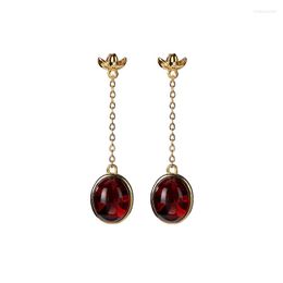 Dangle Earrings 925 Sterling Silver Gold-plated Natural Blood Amber Stud Retro Personalized Flower Long Earring Pendant For Ladies