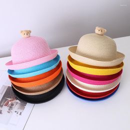 Hats Fashion Baby Kids Straw Sun Hat Cute Bear Solid Color UV Protection Girl Boys Bucket Cap Children Summer Beach Panama