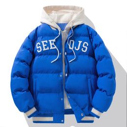 Men s Down Parkas Men Winter Fake Two Piece Hooded Baseball Clothes Jacket Unisex Lightweight Thick Warm Oversize Cotton Padded Windbreaker 231114