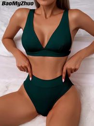 Women's Swimwear Sexy V-Neck Ribbed Bikini High Waist Swimsuit Women Solid Push Up Swimwear Female Bathing Suit Bikini Set Beachwear 230414