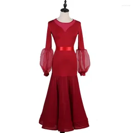 Stage Wear Ballroom Dance Dresses Long Sleeve Foxtrot Embroidery Black White Women Waltz Dress Rose Red MQ223