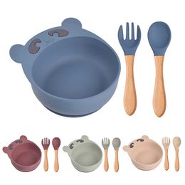 Cups Dishes Utensils Children's Silicone Bowl Spoon And Fork Set Baby Cartoon Bear Suction Cup Anti-drop Complementary Food Bowl Kids Plate Dishes AA230413