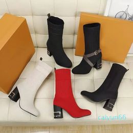 autumn winter socks heeled heel boots fashion sexy Knitted elastic boot designer Alphabetic women shoes lady Metal Letter Thick high heels Large With box