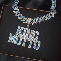 Pendant Necklaces Customized Zircon Name Necklace with 15mm Rhinestone Cuban Chain Iced Out Blue Letters Choker Necklace for Men Women Gift T230413