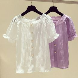 Women's Blouses Shirts Chic Chiffon Blouse Women Summer Purple Tops Vintage Puff Sleeve French Style Causal White Shirt Women Blusas 230414