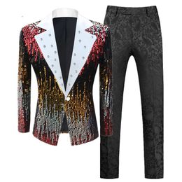 Men s Suits Blazers Fashion Singer Host Stage Performance Sequins Suit 2 Pieces 2023 Men Bar KTV Luxury Splice Dress Set 231113
