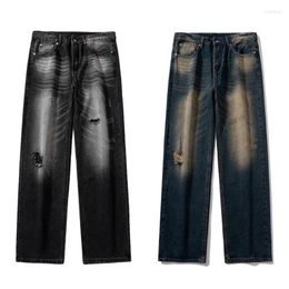 Men's Jeans High Grade Straight Tube Casual Men Women Street Washed Retro Long Pants With Holes Versatile Trousers