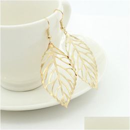 Charm Korean Fashion Earring Wholesale Jewellery Hollow Metal Leaves Dangling Long Statement Drop Earrings For Women Bijoux Del Dhgarden Dhljw