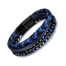 Link Bracelets Blue Fashion Personality Tiger Eye Stone Beaded Handmade Multi-layer Woven Leather Bracelet For Mens Women 14mm 8.26inch