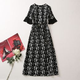 2023 Summer Black Floral Print Embroidery Jacquard Dress Long Sleeve Stand Collar Belted Midi Casual Dresses A3A101500 Plus Size XXL