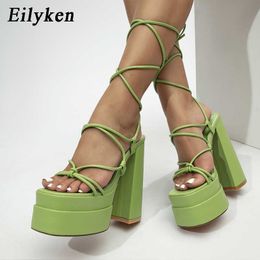 New Roman Hollow Out Strappy Square Heels Fashion Peep Toe Ankle Cross Lace-up Platform Sandals Women Shoes 230306