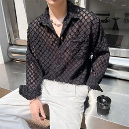 Men's Casual Shirts Summer Long Sleeve Men Fashion Social Mens Dress Korean Loose Cut Out Black White Chequered