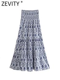 Skirts Zevity Women Bohemian Style Floral Print Elastic Slim Long Skirt Faldas Mujer Ladies Chic Summer Beach Vestidos QUN1588 230414