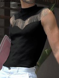 Men's Tank Tops Tassel Turtleneck Summer Solid Colour Sleeveless Vests Streetwear Fitness Fashion Casual Clothing INCERUN 230414