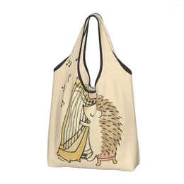 Shopping Bags Hedgehog Playing Harp Women's Casual Shoulder Bag Large Capacity Tote Portable Storage Foldable Handbags