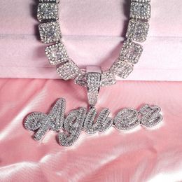 Pendant Necklaces Custom Brush Cursive Iced Out Letter Name Pendant Word Necklace With Rhinestone and Zirconia Baguettes Chain Drop Shiping T230413