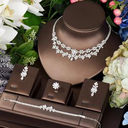 Necklace Earrings Set HIBRIDE Two Layers Zirconia Wedding Leaf Flower Women Bridal And Earring Ensemble De Bijoux N-988