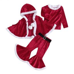 Clothing Sets Kids Girl Fall Outfits Long Sleeve Velvet Tops Flare Pants Bobbles Tie-Up Hooded Cloak 3Pcs Christmas Clothes Set 231113
