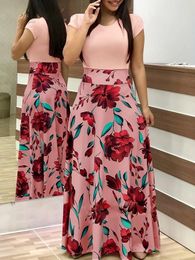 Basic Casual Dresses 2023 European and American style flower print Colour matching short sleeved dress for women s large swing skirt 231113