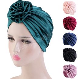 Fashion Big Flower Women Satin Night Sleep Chemo Cap Muslim Hijab Turban Pleated Hair Loss Beanies Black Ladies Bonnet Hat Headscarf Wrap Cover