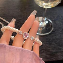 Strand MENGJIQIAO Fashion Zircon Pink Heart Pearl Elastic Bracele For Women Girs Delicate Starlight Bangles Party Jewellery Gifts