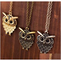 Pendant Necklaces New Arrivals 3 Color Vintage Lovely Owl Necklace Long Sweater Chain Golden Antique Sier Bronze For Woman D Dhgarden Dhyux
