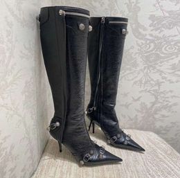 Boots Cagole lambskin leather knee-high boots stud buckle embellished side zip shoes pointed Toe rise stiletto heel tall boot luxury designers shoe for anti-slip