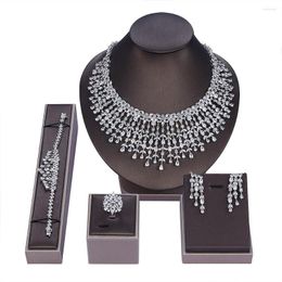 Necklace Earrings Set Luxury Wedding Jewellery White Zircon Pearl Necklaces Bracelets Rings 4 Pieces For Bride