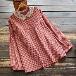 Women's Blouses Shirts 8289 Autumn Women Blouse Japan Style Mori Girl Literary Plaid Lace Turndown Collar Long Sleeve Cotton Linen Shirt Tops 230414