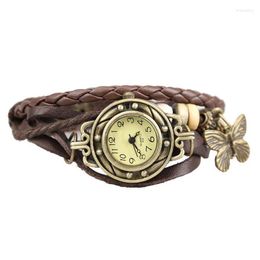 Wristwatches Ly Women Retro Bracelet Wrist Watch Weave Wrap Faux Leather Butterfly Beads Pendant Chain FIF66Wristwatches Will22