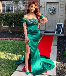 Evening Dresses Dark Green Party Prom Gown Formal Custom Zipper Lace Up Plus Size New Mermaid Beaded Satin Sleeveless Off-Shoulder Crystal Thigh-High Slits