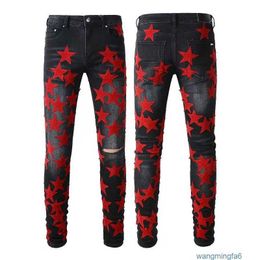 Men's Jean Purple Brand Man Designer Stacked Women Pants Star Patches Hip Hop with Hole Skinny Jeans So6e