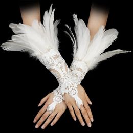 Five Fingers Gloves Lace Feather Long Gothic Mesh Sleeve Halloween Party Hook Embroidery White Mittins Female Stage Accessory 231114