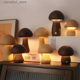 Night Lights Wooden Mushrooms Night Light With Touch Switch Nordic Bedside Table Lamp Walnut Beech Wood Warm Dimmable Desk Light Usb Charging Q231113