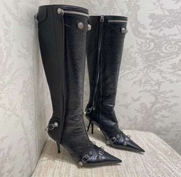 Cagole lambskin leather knee-high boots stud buckle embellished side zip shoes pointed Toe stiletto heel tall boot luxury designers shoe for simple